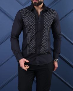 Camasa slim fit de barbati, neagra cu pietre argintii- CM547