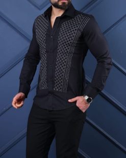 Alternative view of Camasa slim fit de barbati, neagra cu pietre argintii- CM547