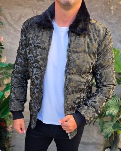 Alternative view of Geaca de bărbați, verde army, groasa, guler de blana - GC868