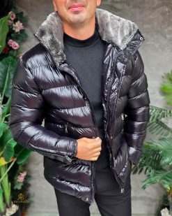 Alternative view of Geaca de bărbați, neagra, groasa, cu blana la guler - GC877