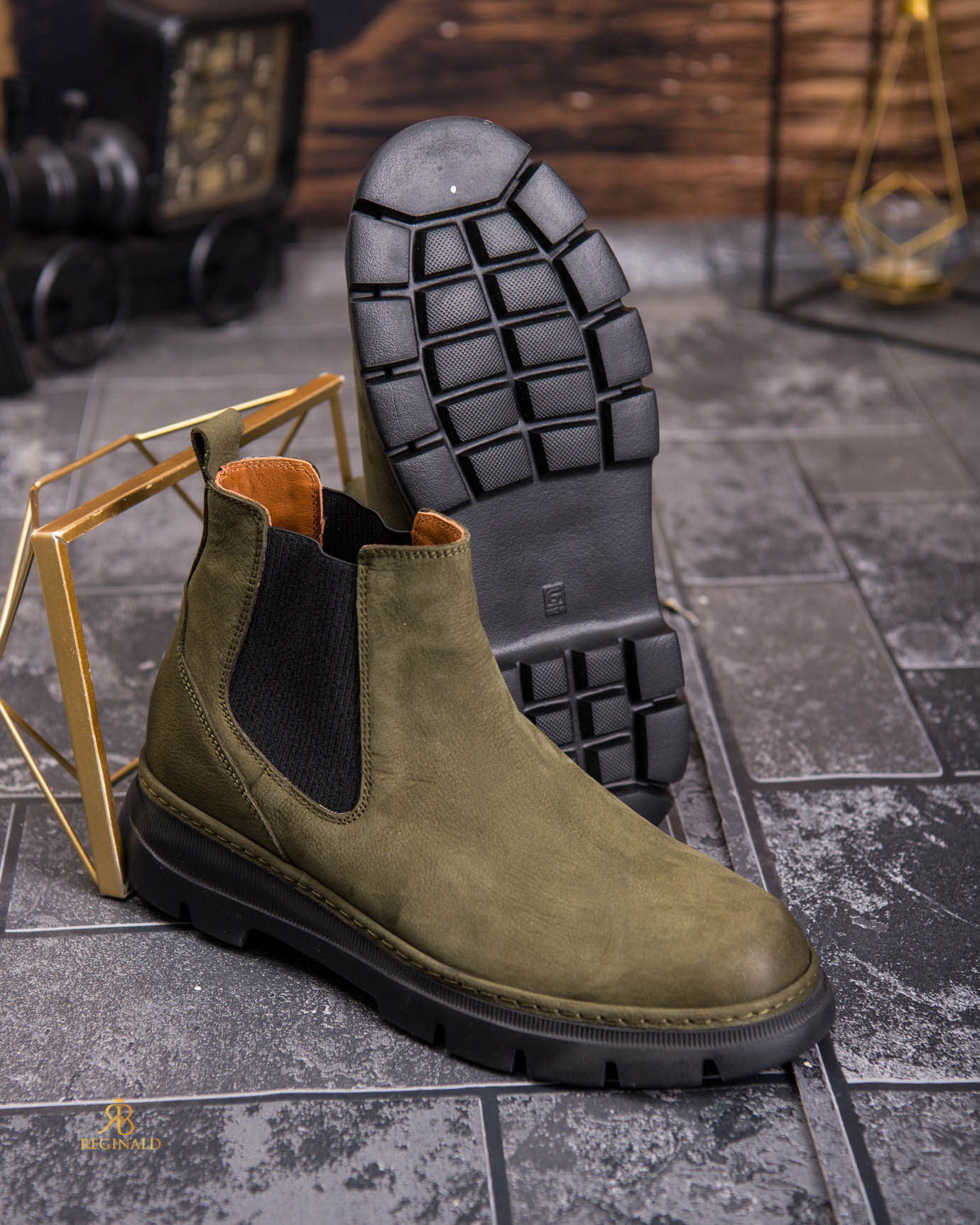 Ghete bărbătești Chelsea din piele naturală întoarsă, verde kaki - GH163 - imagine 2