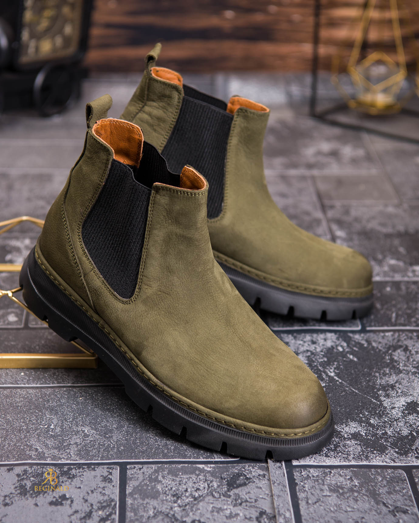 Ghete bărbătești Chelsea din piele naturală întoarsă, verde kaki - GH163 - imagine 4