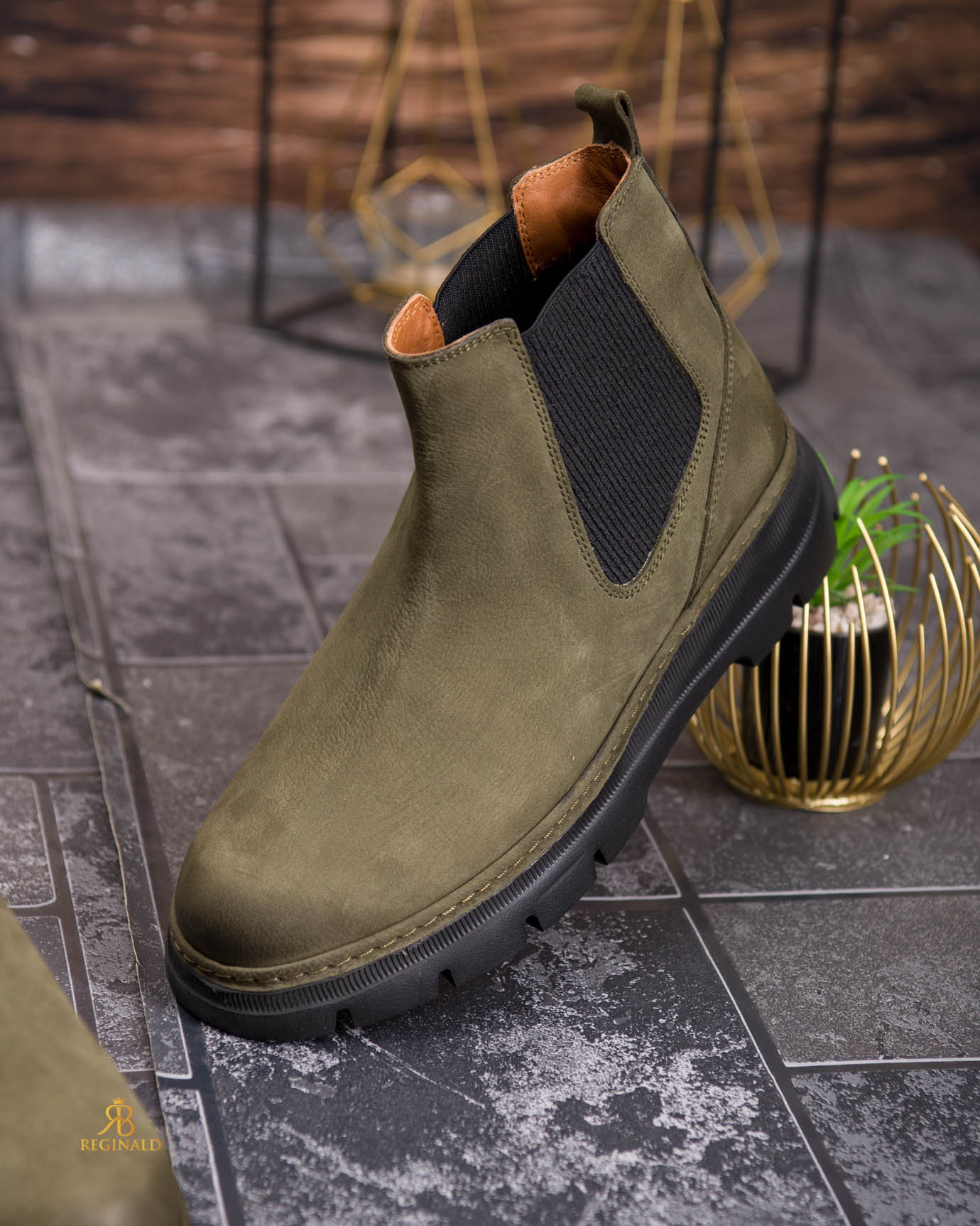 Ghete bărbătești Chelsea din piele naturală întoarsă, verde kaki - GH163 - imagine 5