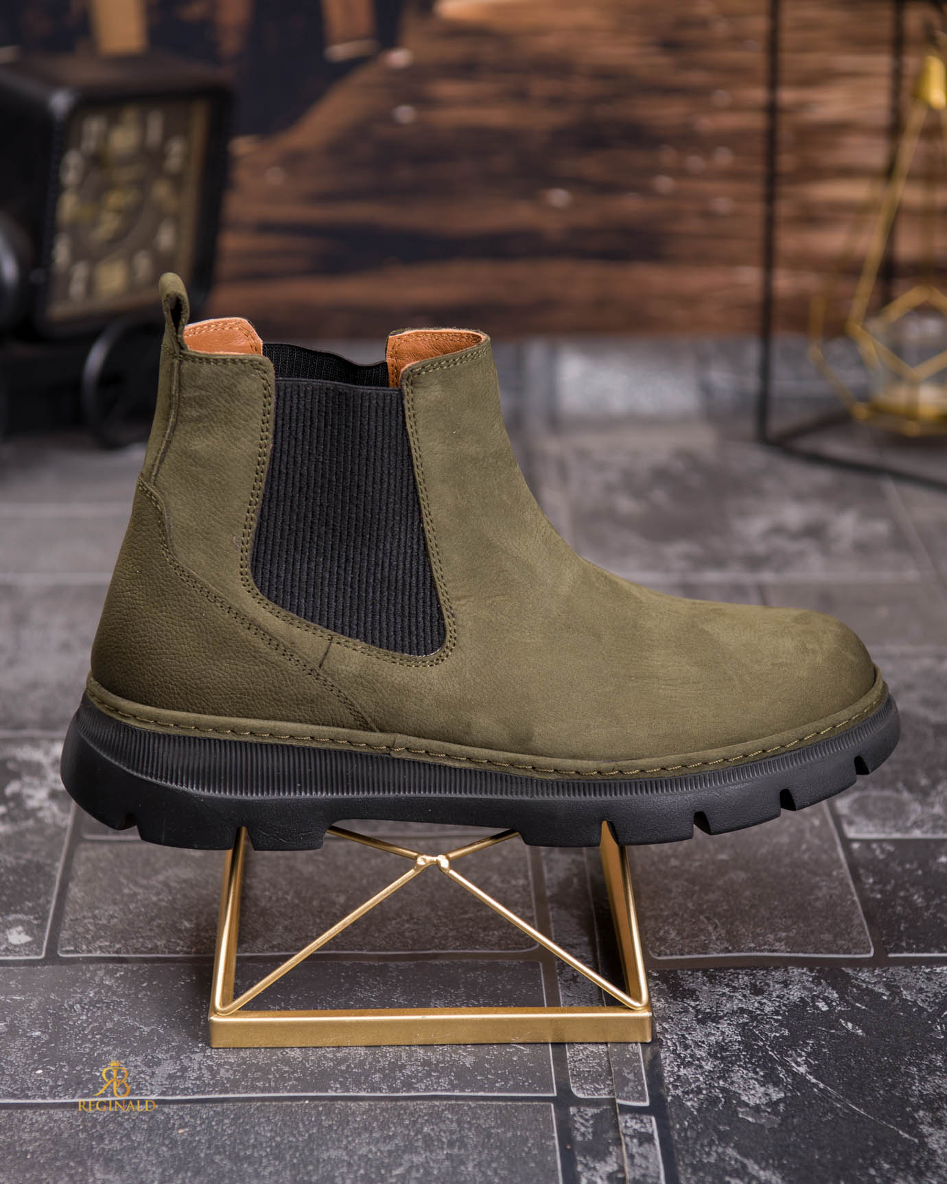 Ghete bărbătești Chelsea din piele naturală întoarsă, verde kaki - GH163 - imagine 6