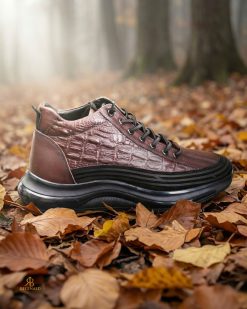 Pantofi bărbătești din piele naturală – model croco maro, talpă masivă - P1944