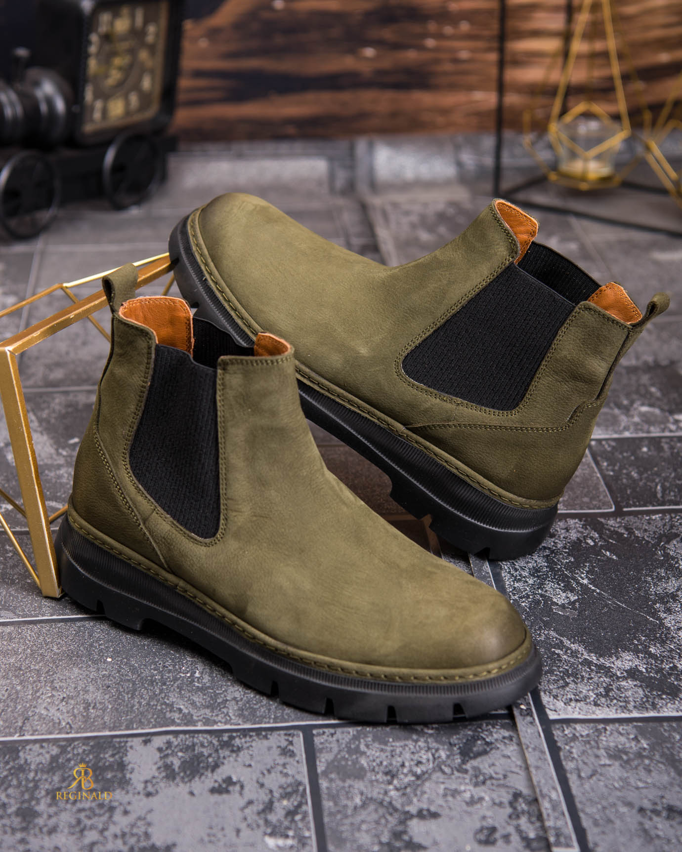 Ghete bărbătești Chelsea din piele naturală întoarsă, verde kaki - GH163 - imagine 3