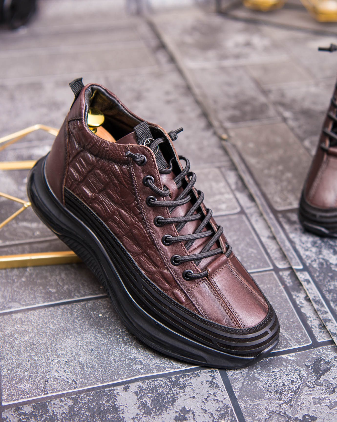 Pantofi bărbătești din piele naturală – model croco maro, talpă masivă - P1944 - imagine 3