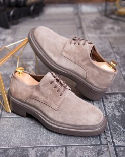 Pantofi bărbătești Derby din piele naturală întoarsă – taupe - P1943