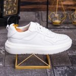 Adidași bărbătești din piele naturală – model premium, albi, talpă groasă - AD886