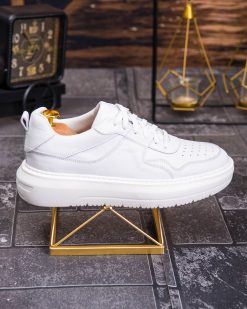 Adidași bărbătești din piele naturală – model premium, albi, talpă groasă - AD886