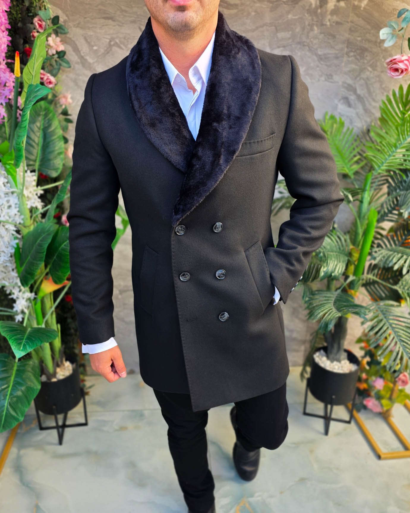 Palton de bărbați, Slim Fit, Negru cu nasturi - PT516 - imagine 3