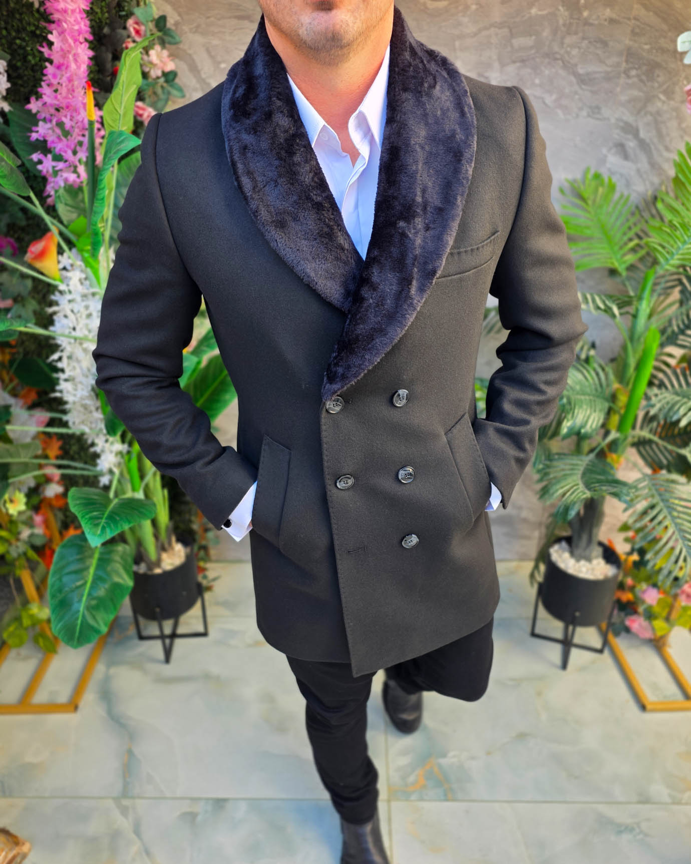 Palton de bărbați, Slim Fit, Negru cu nasturi - PT516 - imagine 4