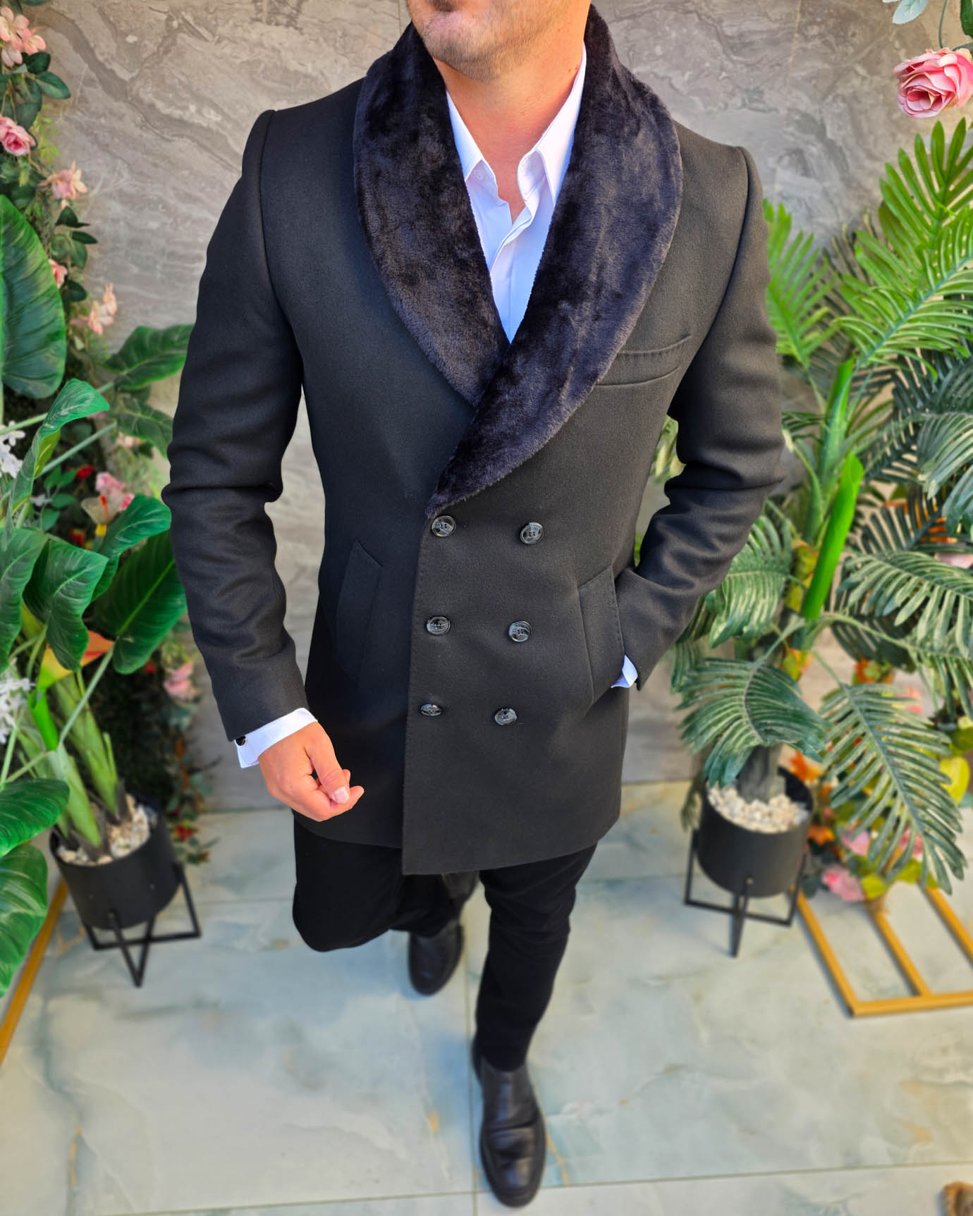 Palton de bărbați, Slim Fit, Negru cu nasturi - PT516 - imagine 5