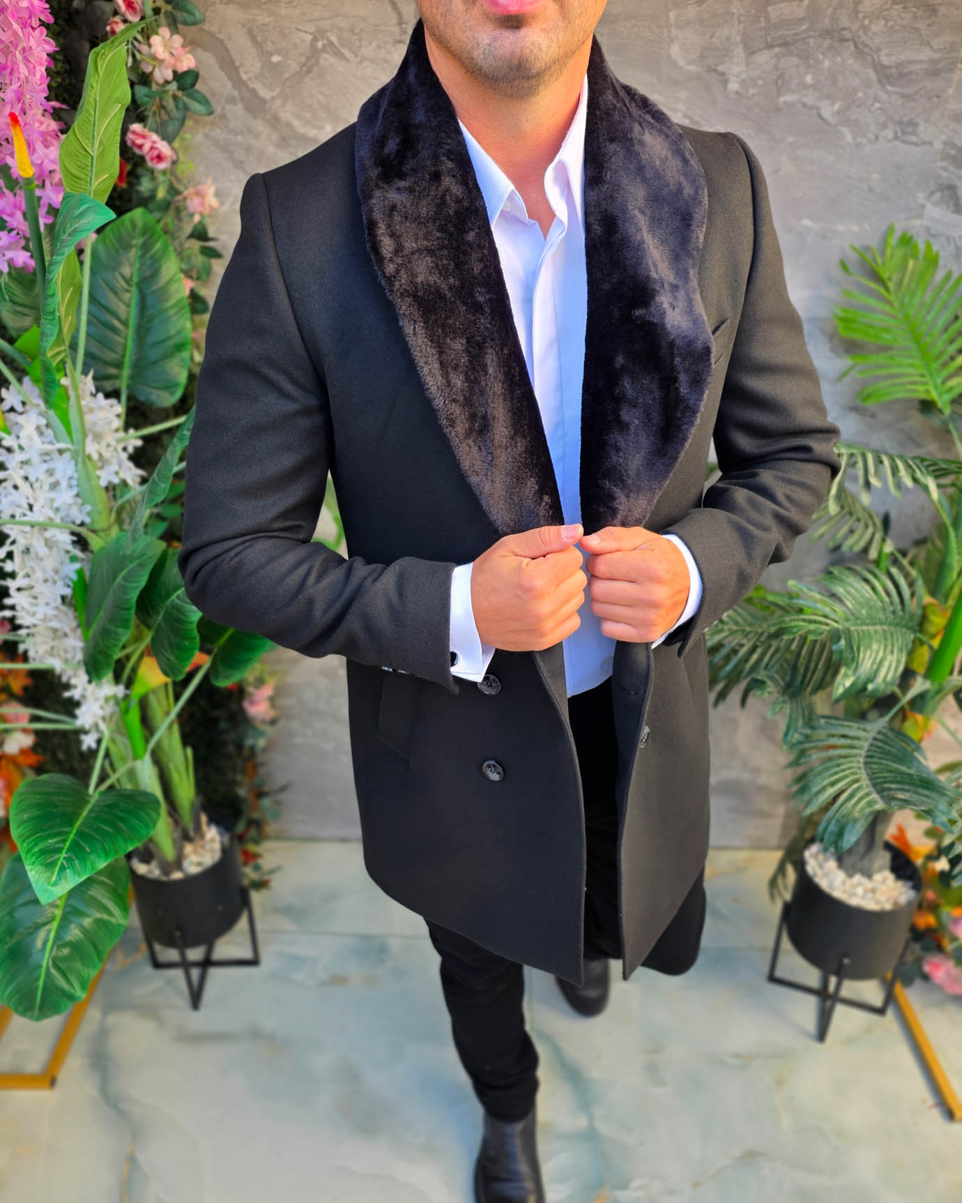 Palton de bărbați, Slim Fit, Negru cu nasturi - PT516 - imagine 2