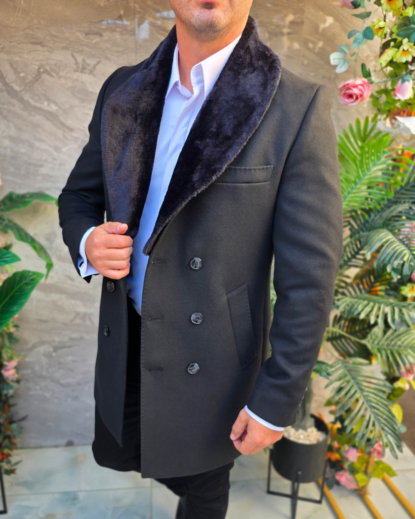 Palton de bărbați, Slim Fit, Negru cu nasturi - PT516 - imagine 6