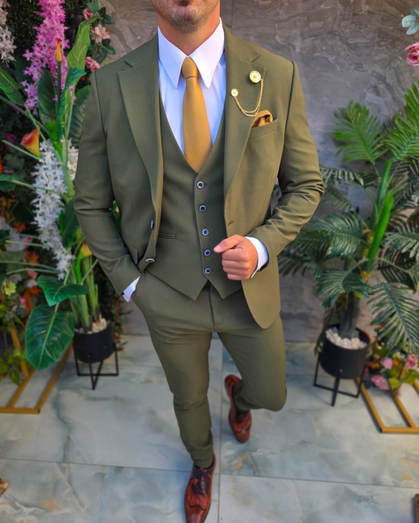 Costum de bărbați, Verde texturat: Sacou, Vesta si Pantalon- C5382 - imagine 3