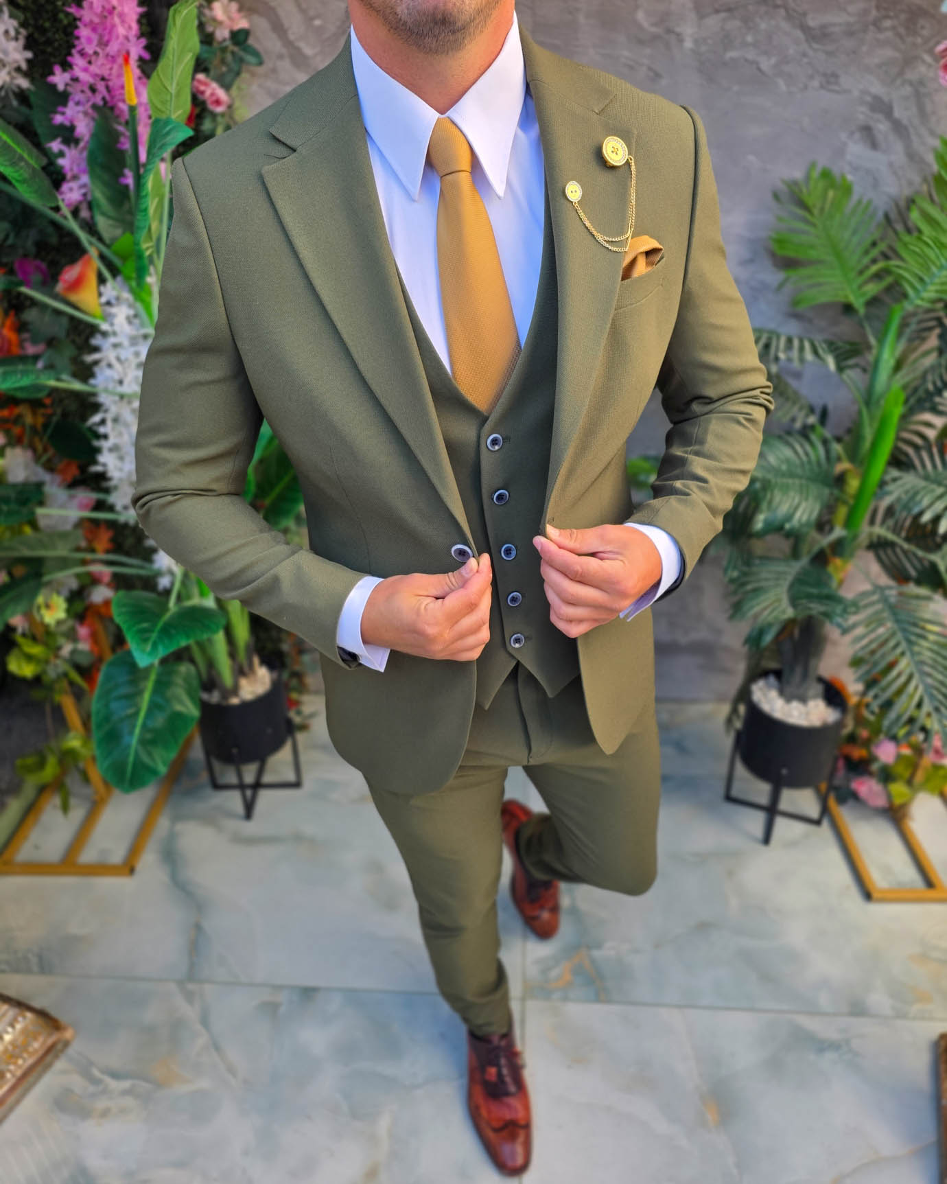 Costum de bărbați, Verde texturat: Sacou, Vesta si Pantalon- C5382 - imagine 4