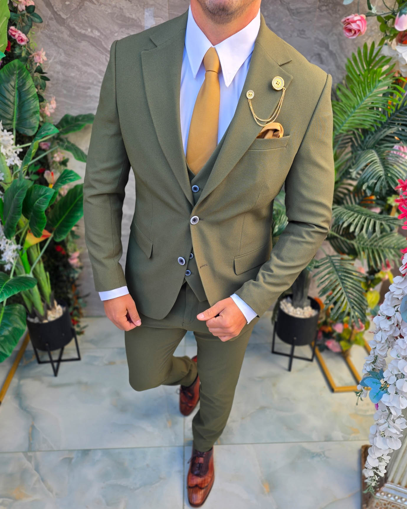 Costum de bărbați, Verde texturat: Sacou, Vesta si Pantalon- C5382 - imagine 2