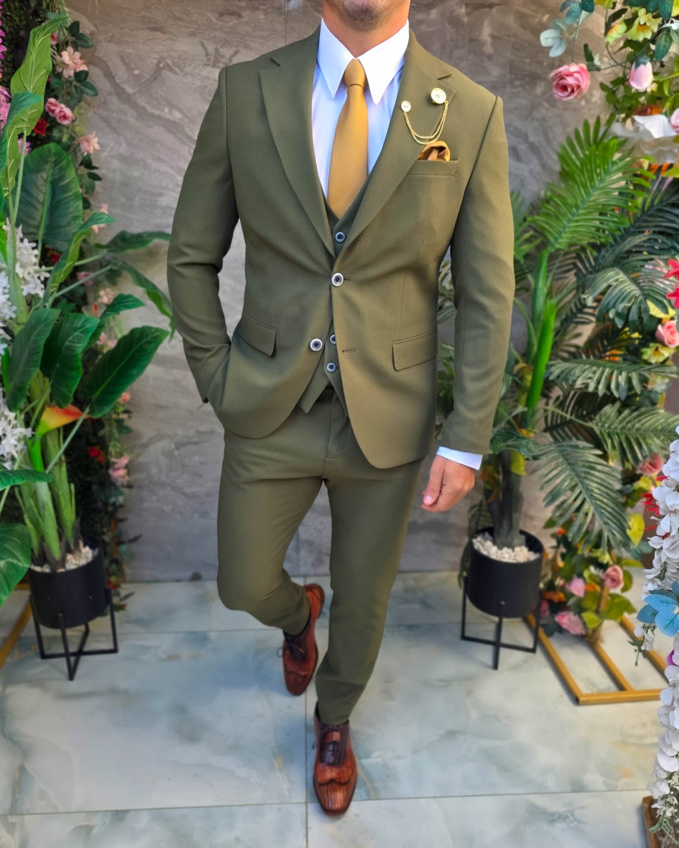 Costum de bărbați, Verde texturat: Sacou, Vesta si Pantalon- C5382 - imagine 5