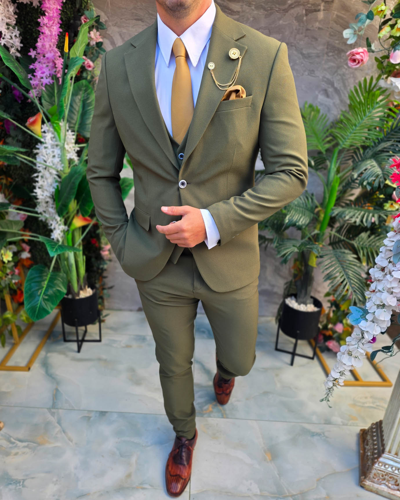 Costum de bărbați, Verde texturat: Sacou, Vesta si Pantalon- C5382 - imagine 6