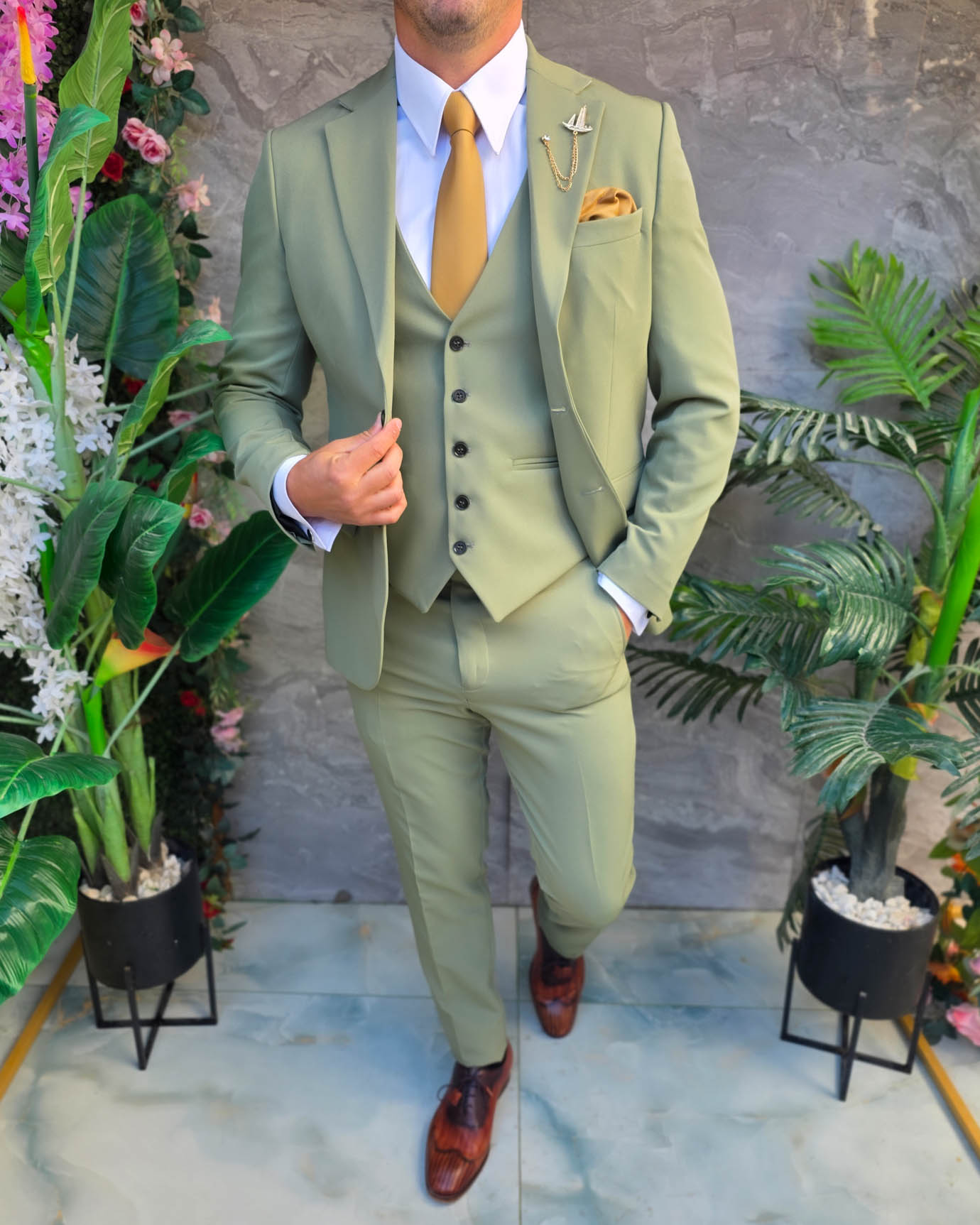 Costum de bărbați, Verde pal: Sacou, Vesta si Pantalon- C5383 - imagine 2