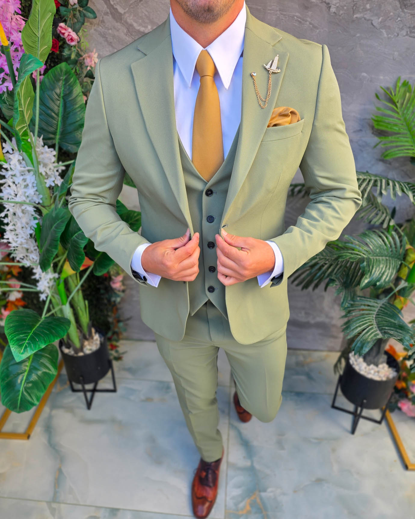 Costum de bărbați, Verde pal: Sacou, Vesta si Pantalon- C5383 - imagine 3