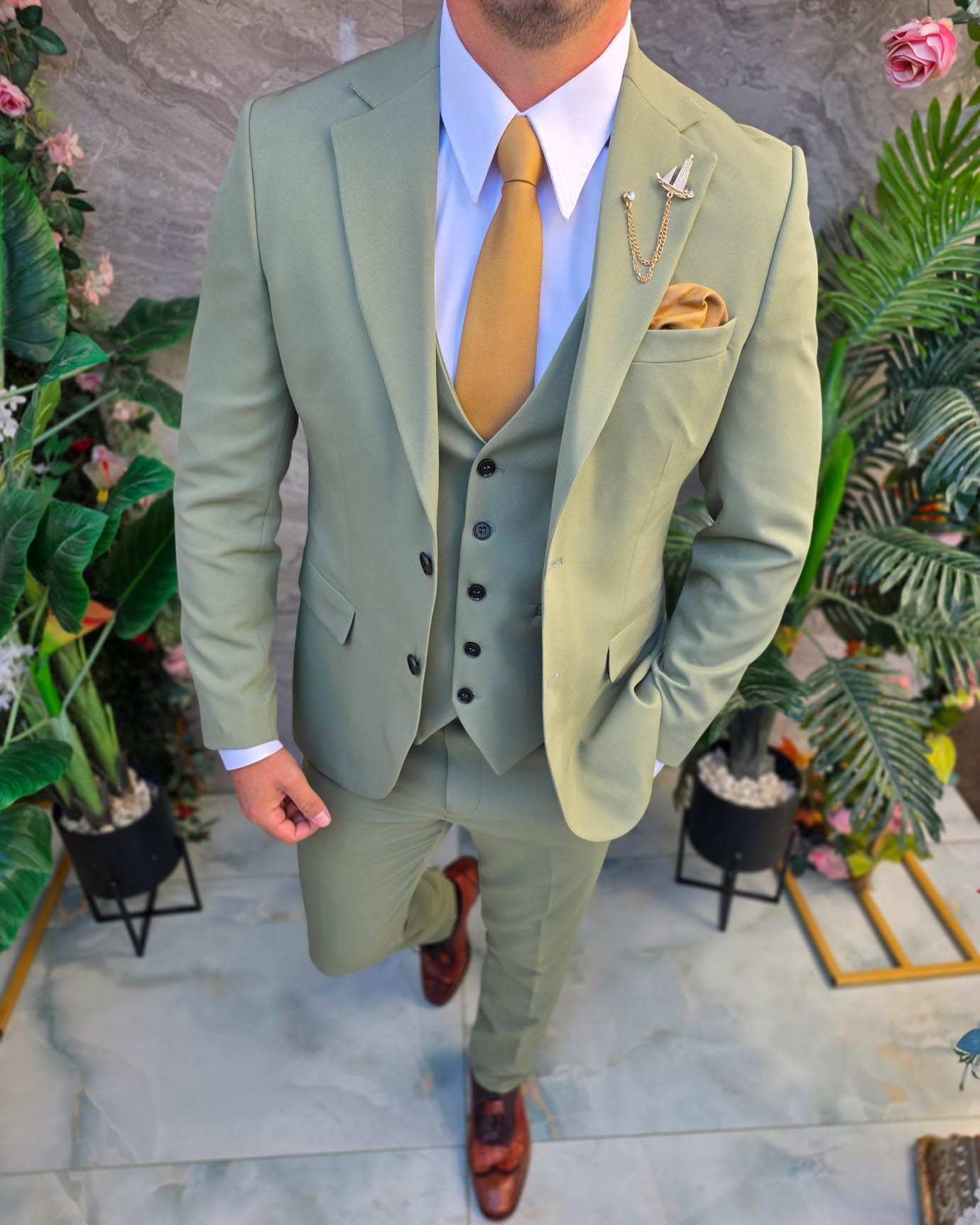 Costum de bărbați, Verde pal: Sacou, Vesta si Pantalon- C5383 - imagine 4