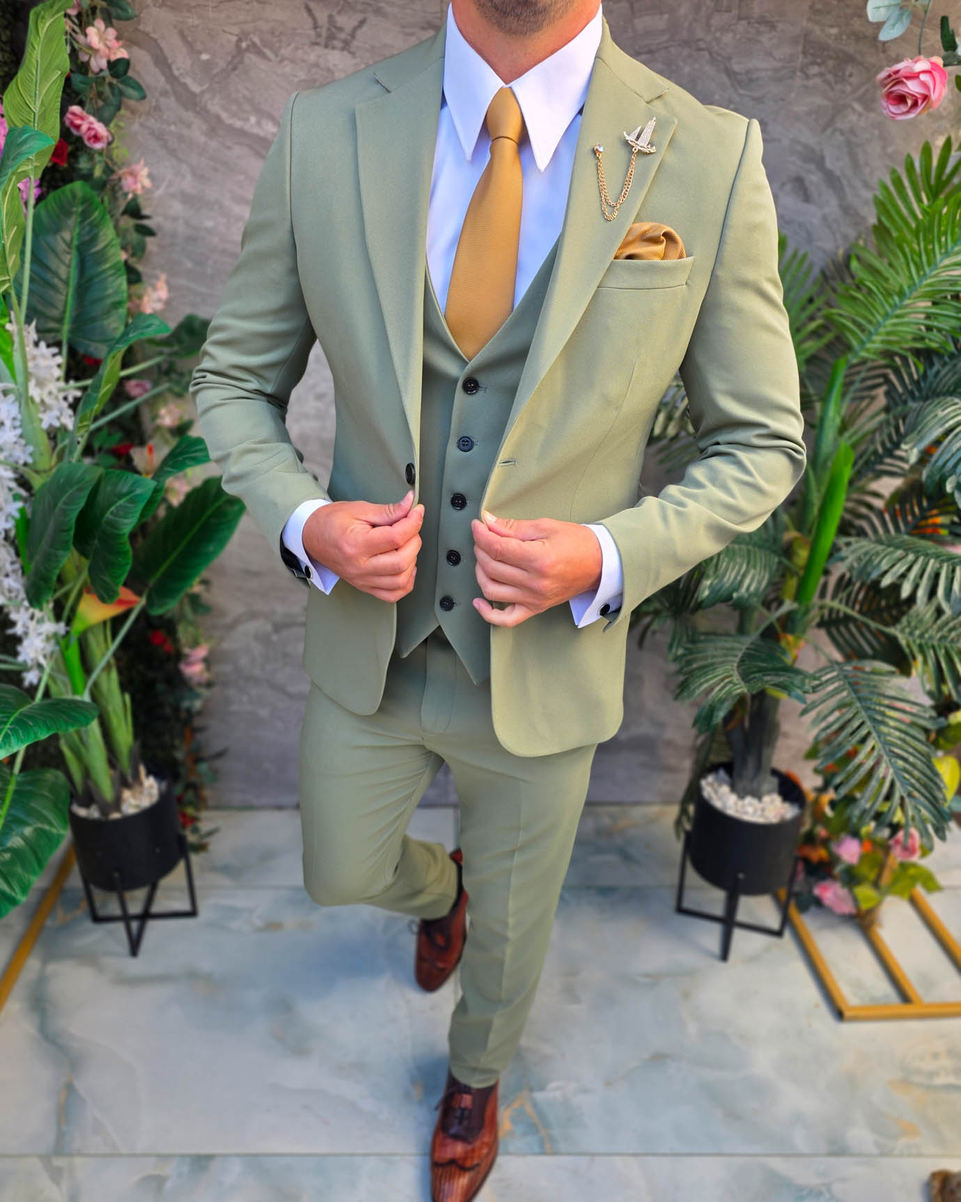 Costum de bărbați, Verde pal: Sacou, Vesta si Pantalon- C5383 - imagine 5