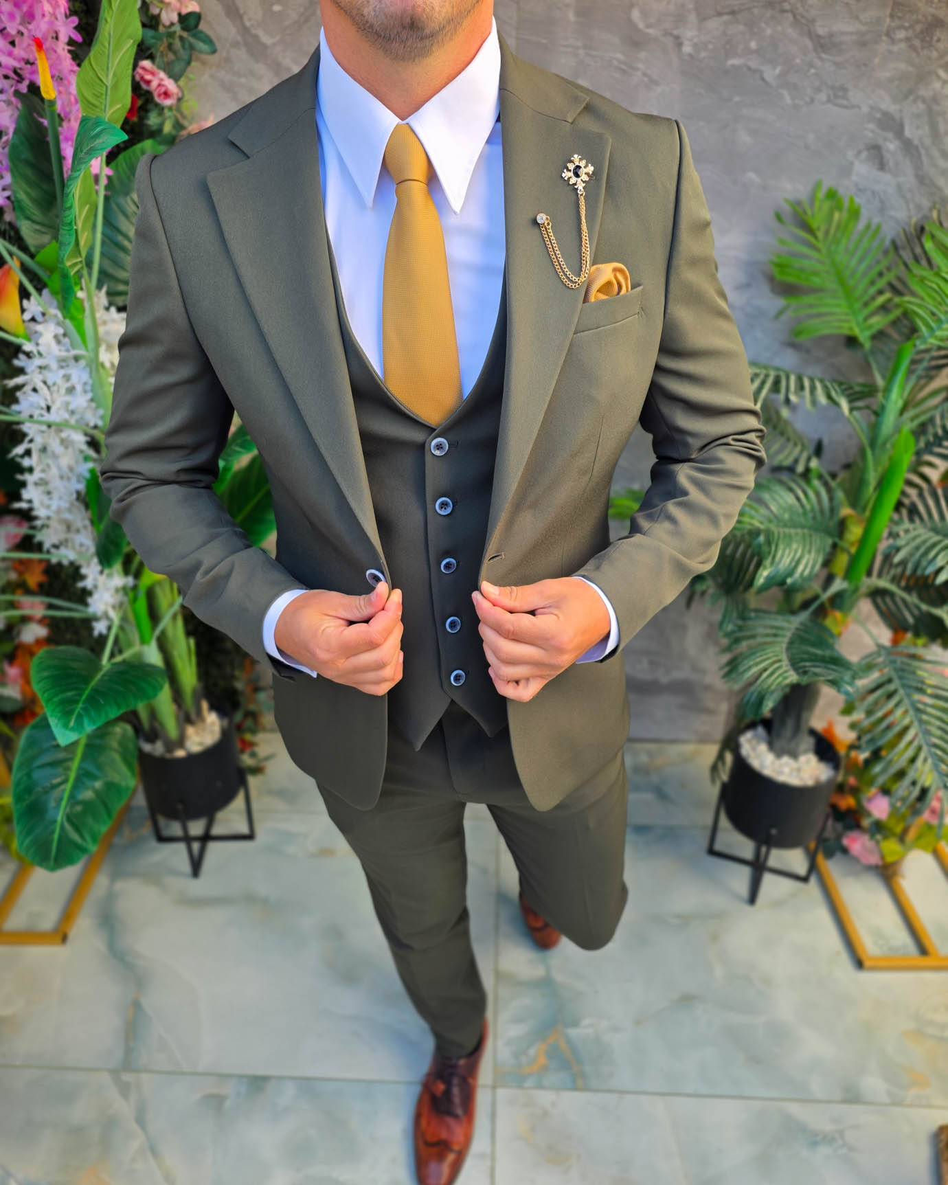 Costum de bărbați, Verde inchis: Sacou, Vesta si Pantalon- C5384 - imagine 3