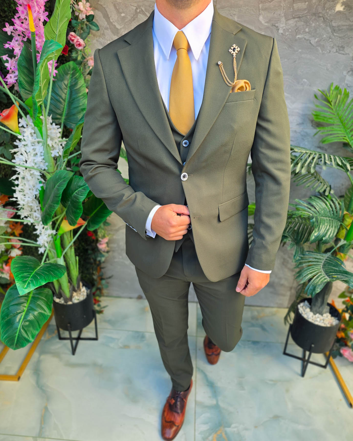 Costum de bărbați, Verde inchis: Sacou, Vesta si Pantalon- C5384 - imagine 2