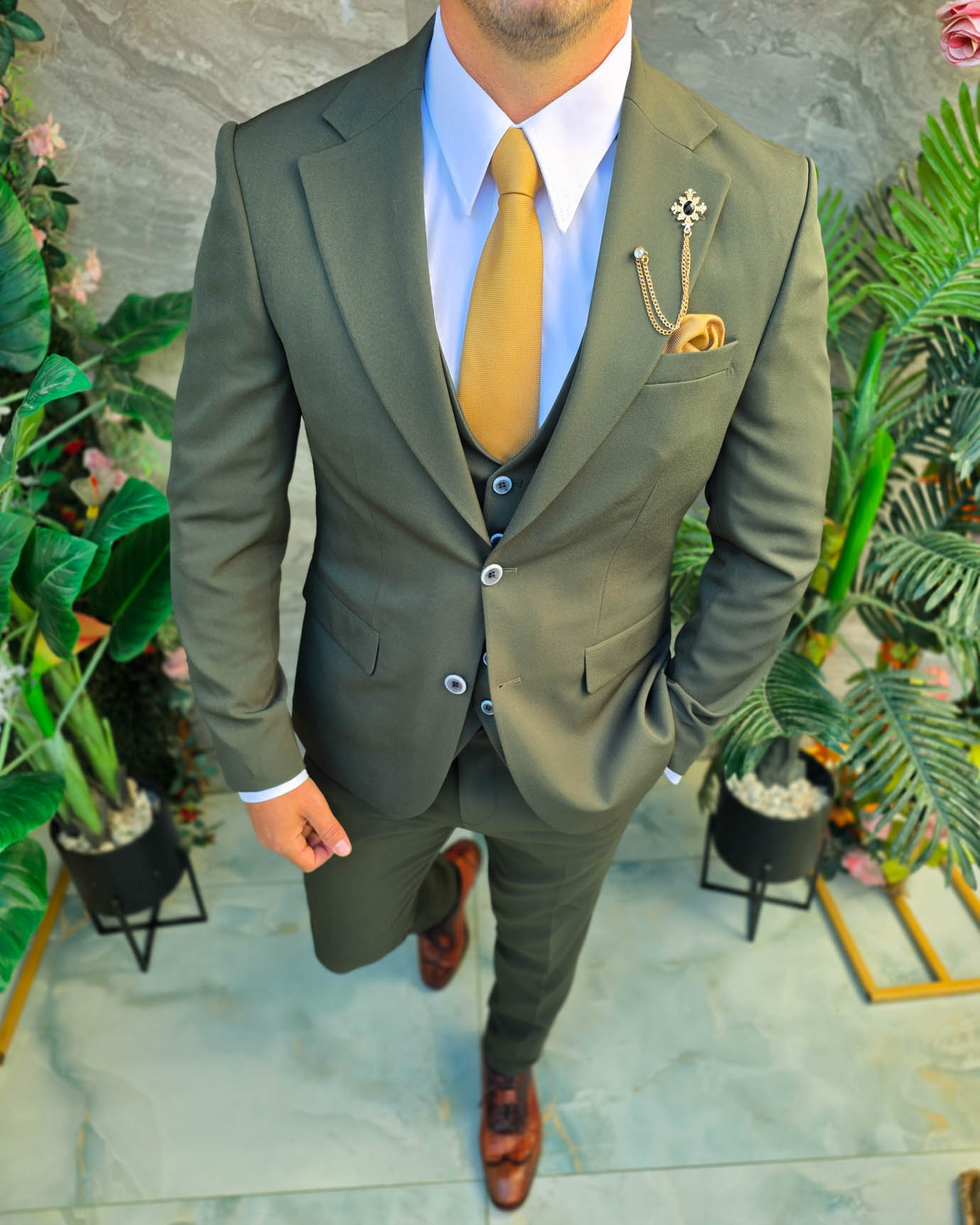 Costum de bărbați, Verde inchis: Sacou, Vesta si Pantalon- C5384 - imagine 4