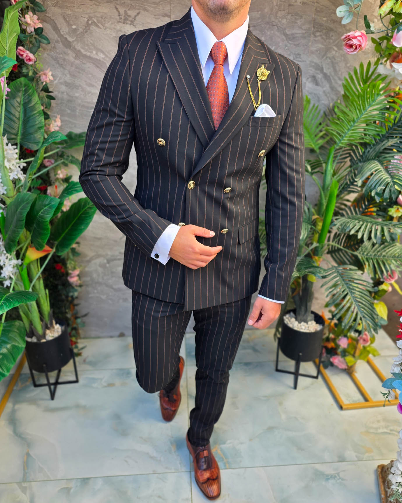 Costum de bărbați, Negru cu dungi: Sacou si Pantalon, Double Breasted- C5385 - imagine 3