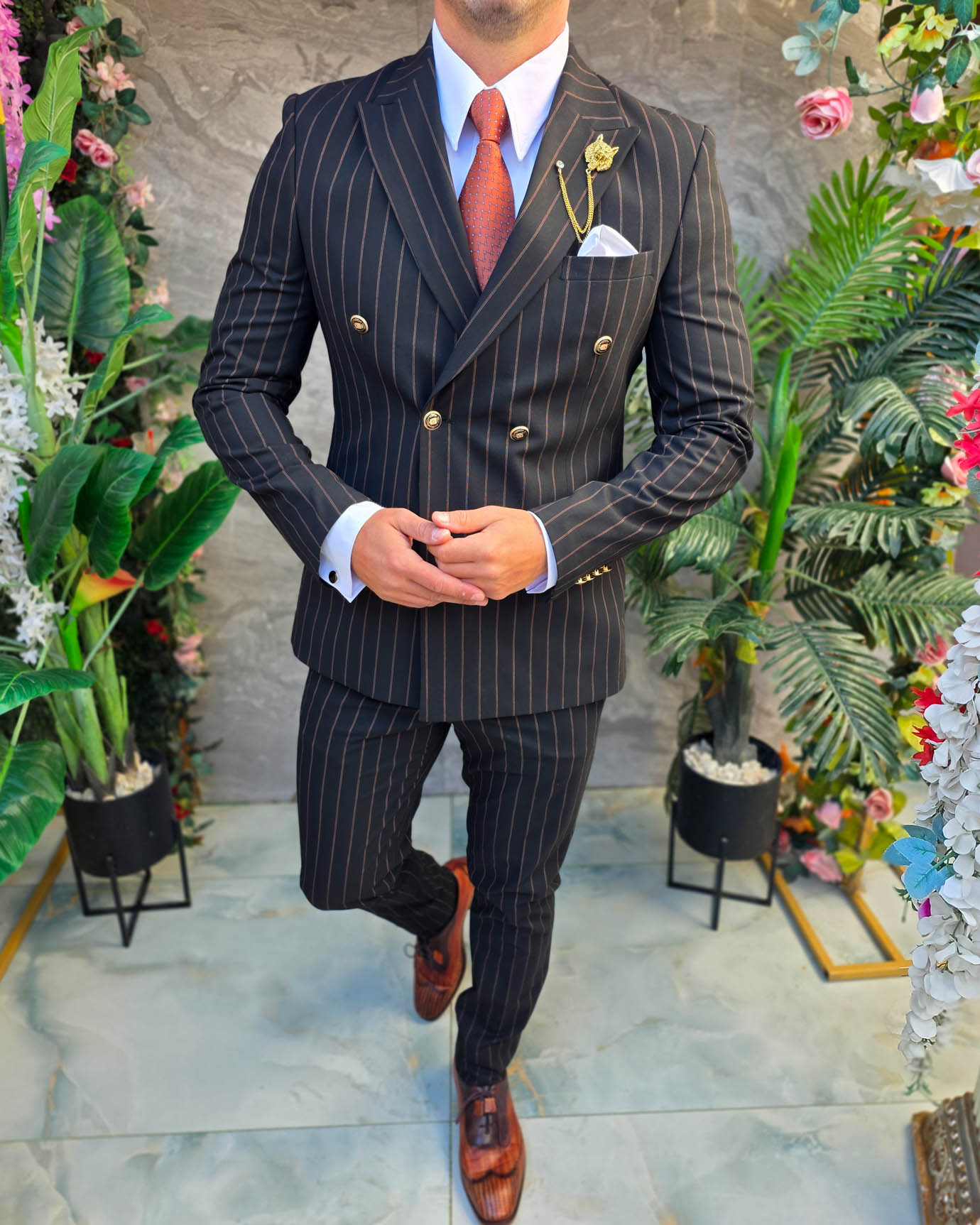 Costum de bărbați, Negru cu dungi: Sacou si Pantalon, Double Breasted- C5385 - imagine 4