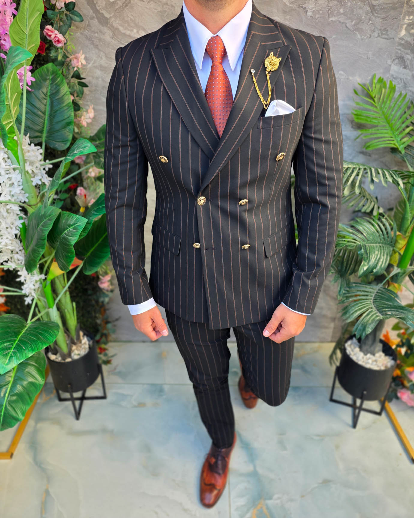 Costum de bărbați, Negru cu dungi: Sacou si Pantalon, Double Breasted- C5385 - imagine 5