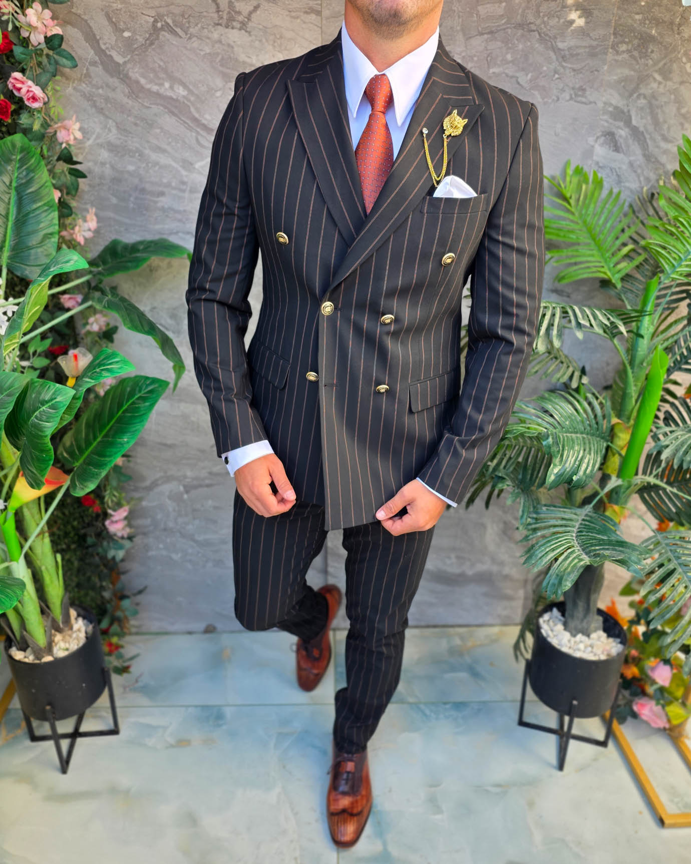 Costum de bărbați, Negru cu dungi: Sacou si Pantalon, Double Breasted- C5385 - imagine 6