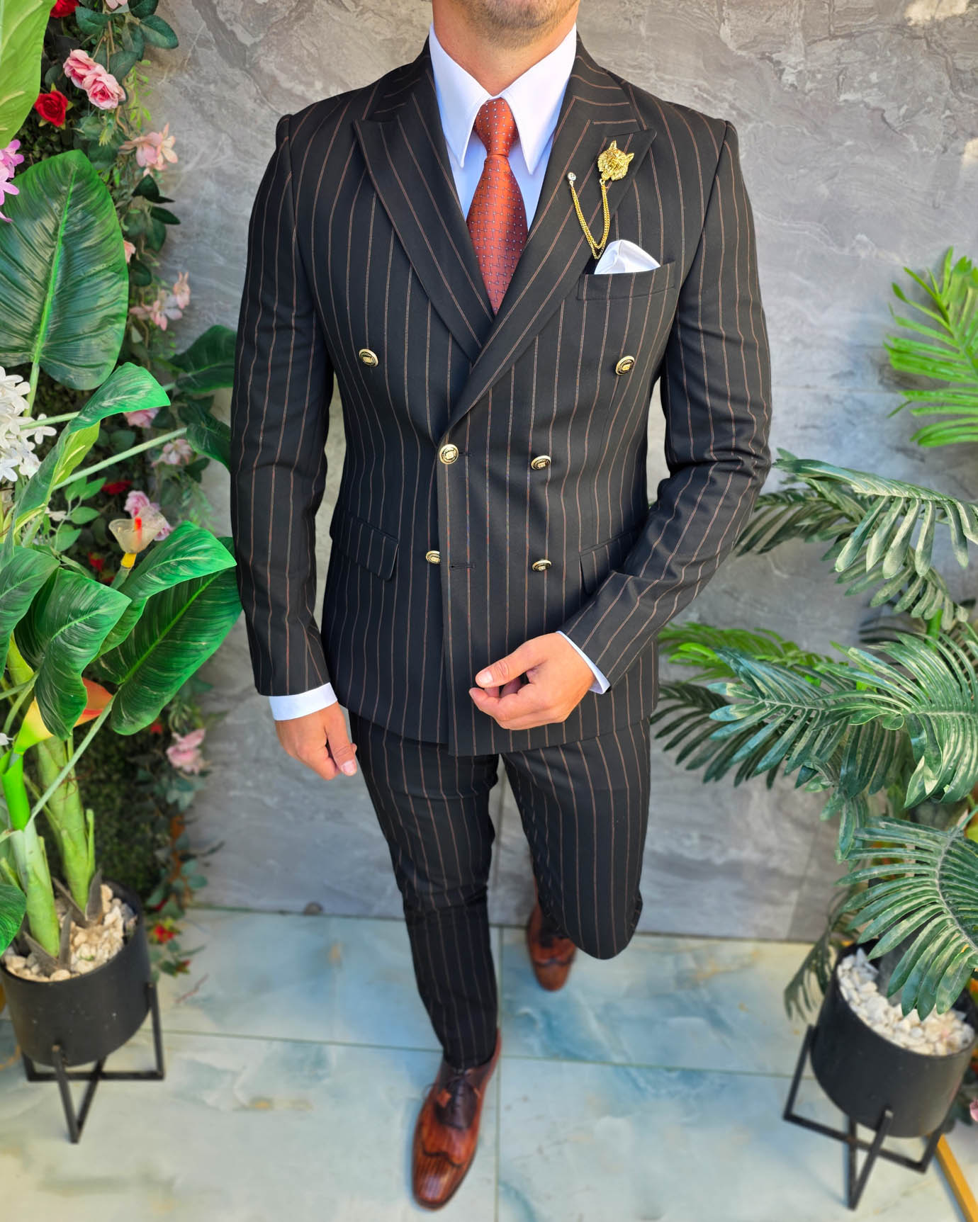 Costum de bărbați, Negru cu dungi: Sacou si Pantalon, Double Breasted- C5385 - imagine 7