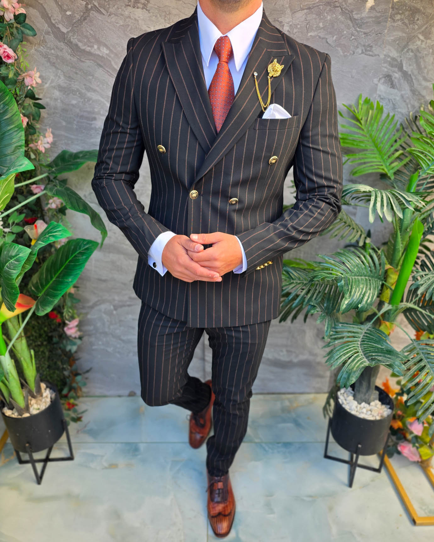 Costum de bărbați, Negru cu dungi: Sacou si Pantalon, Double Breasted- C5385 - imagine 8