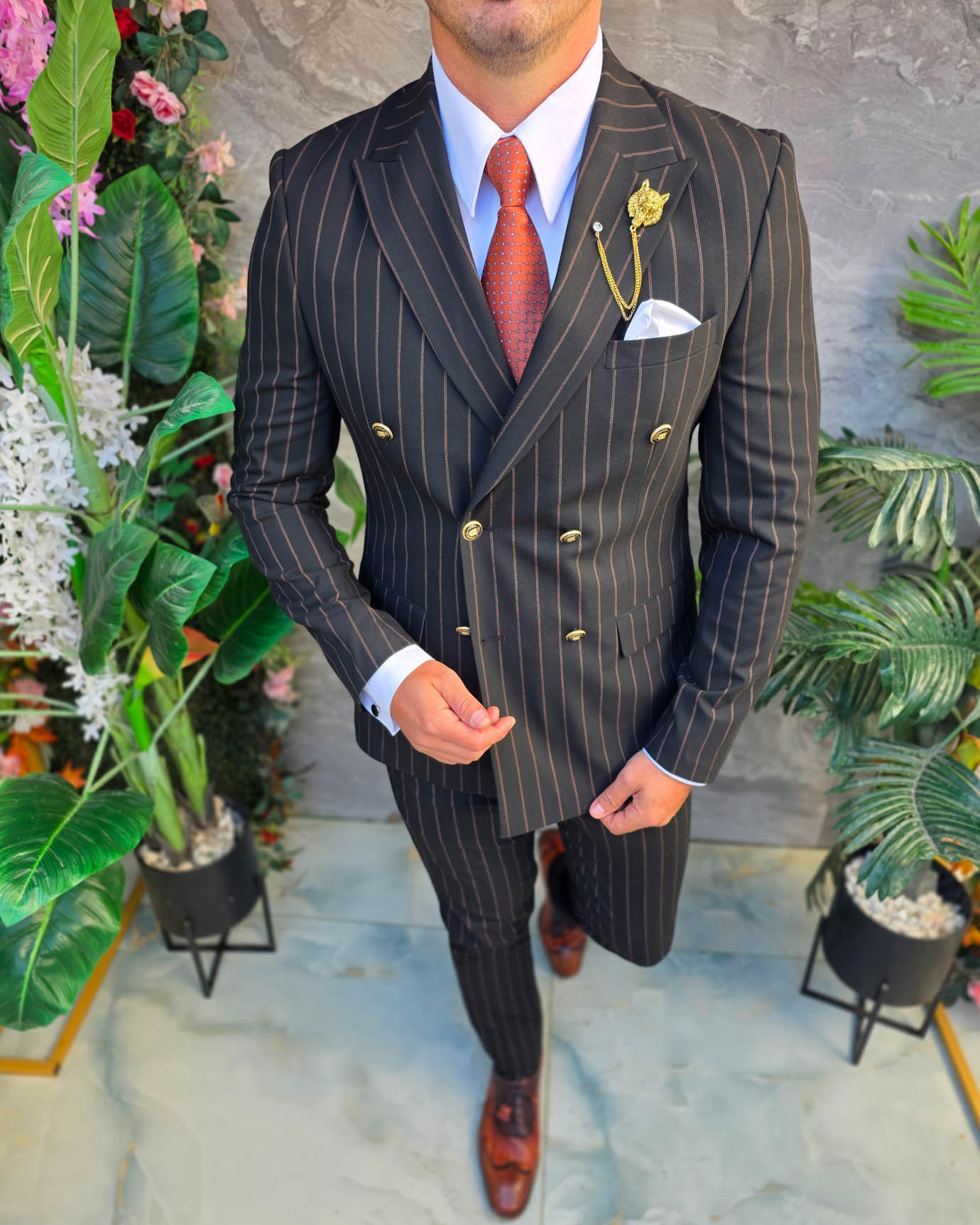 Costum de bărbați, Negru cu dungi: Sacou si Pantalon, Double Breasted- C5385 - imagine 9