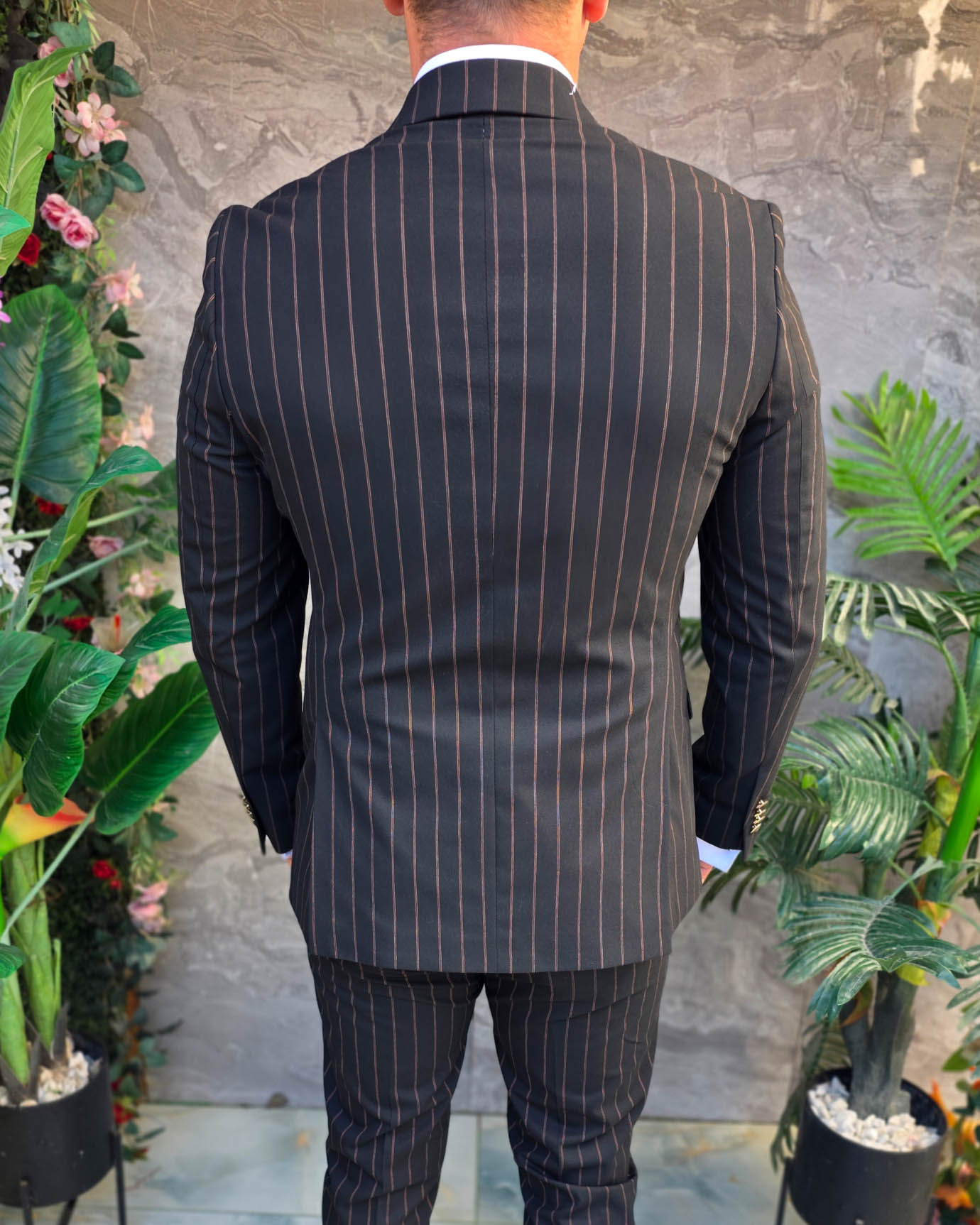 Costum de bărbați, Negru cu dungi: Sacou si Pantalon, Double Breasted- C5385 - imagine 11