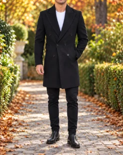 Una visione alternativa del Palton de bărbați, Slim Fit, Negru cu nasturi si cordon - PT452