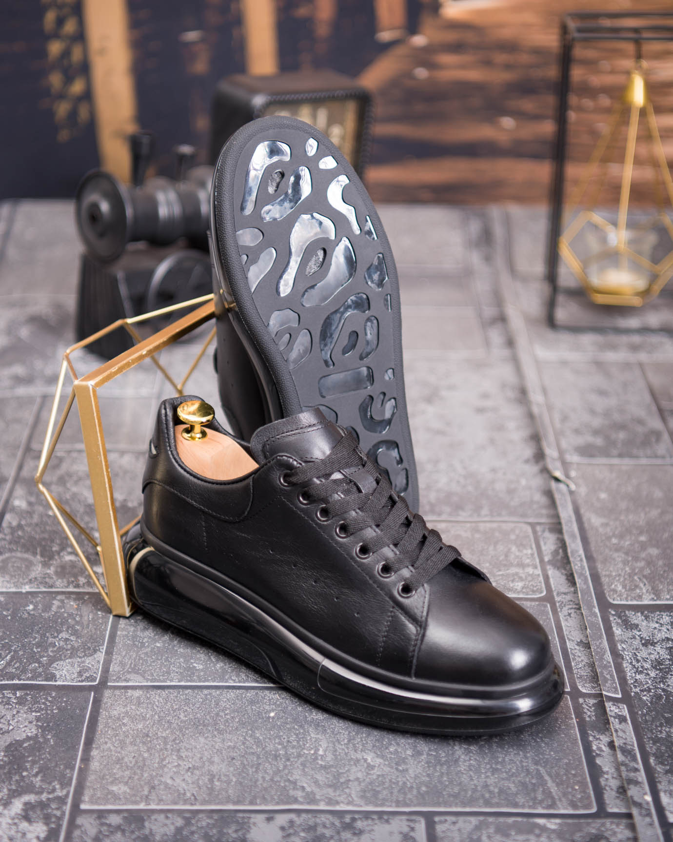 Tenisi bărbătești sport, Negri– Piele naturală- P1942 - imagine 7