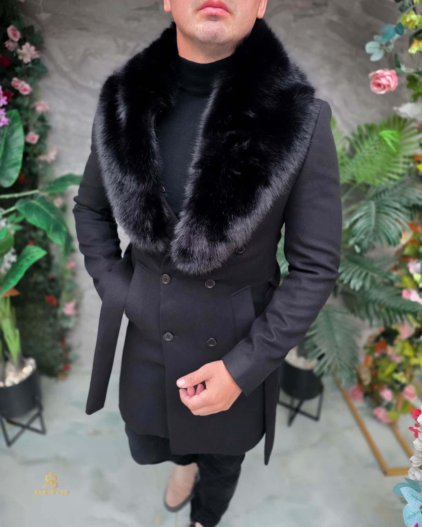 Palton de bărbați, Slim Fit, Negru cu nasturi - PT517 - imagine 3