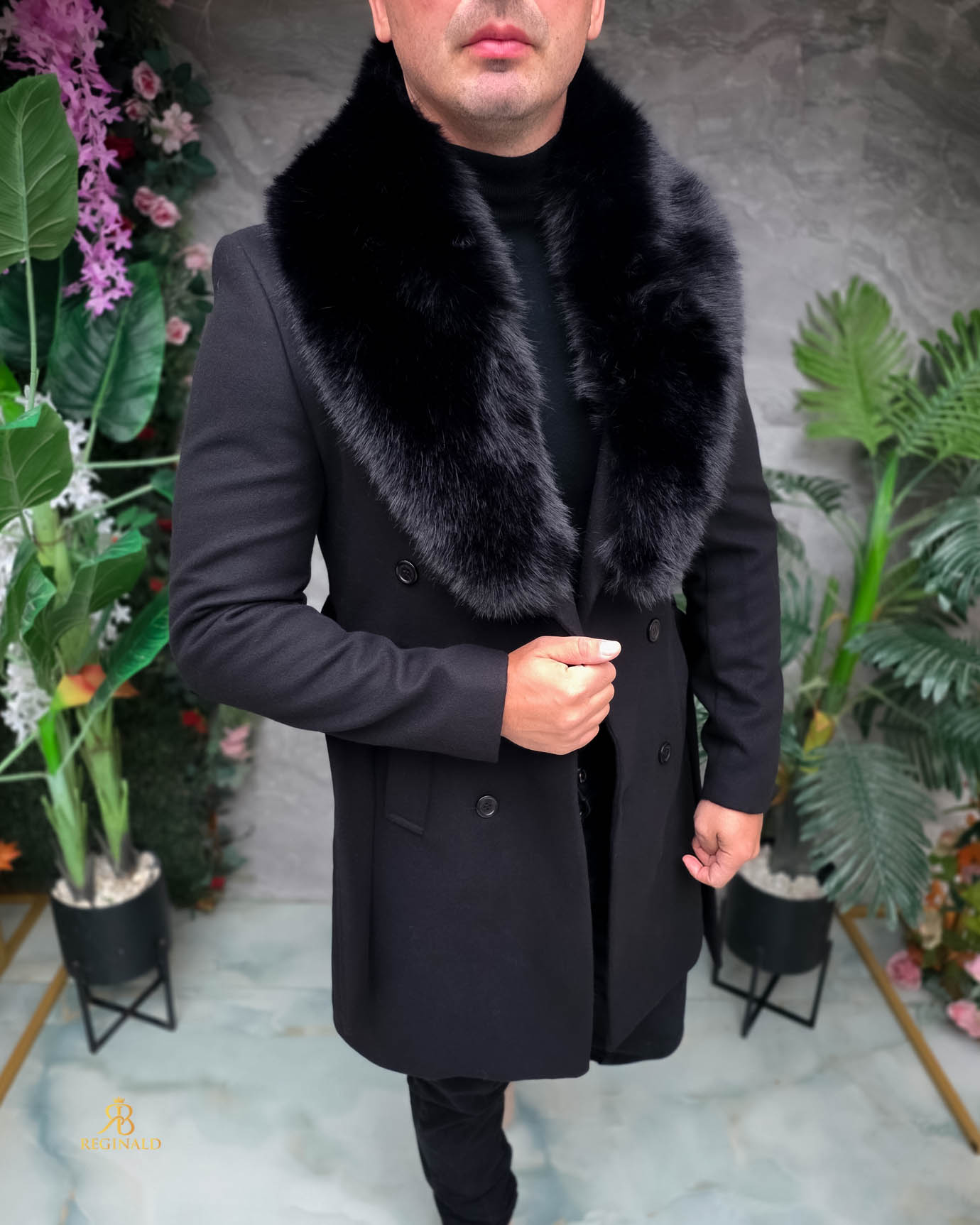 Palton de bărbați, Slim Fit, Negru cu nasturi - PT517 - imagine 5