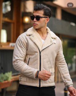 Cojoc bej de barbati, interior imblanit complet, slim-fit- GC906