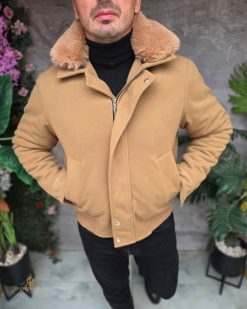 Jacheta de bărbați, crem, guler de blana - GC901