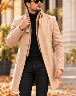 Manteau pour homme, coupe slim, beige avec col en tissu - PT456