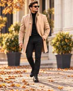 Autre point de vue sur le principe Palton de bărbați, Slim Fit, Bej cu guler textil - PT456