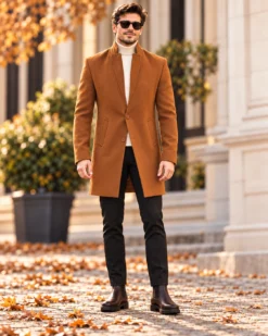 Palton de bărbați, Slim Fit, Maro cu nasturi - PT457 - imagine 3