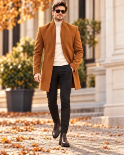 Palton de bărbați, Slim Fit, Maro cu nasturi - PT457 - imagine 4