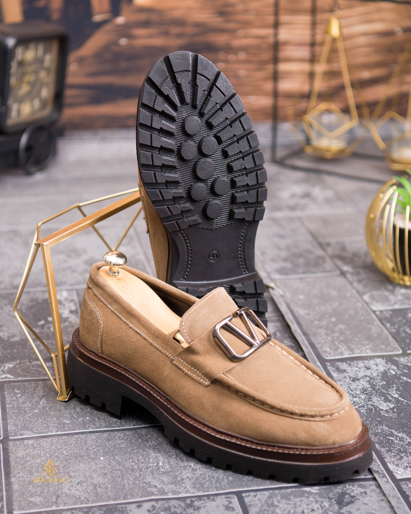 Pantofi Loafers de barbati, bej, din piele naturala intoarsa- P1951 - imagine 2